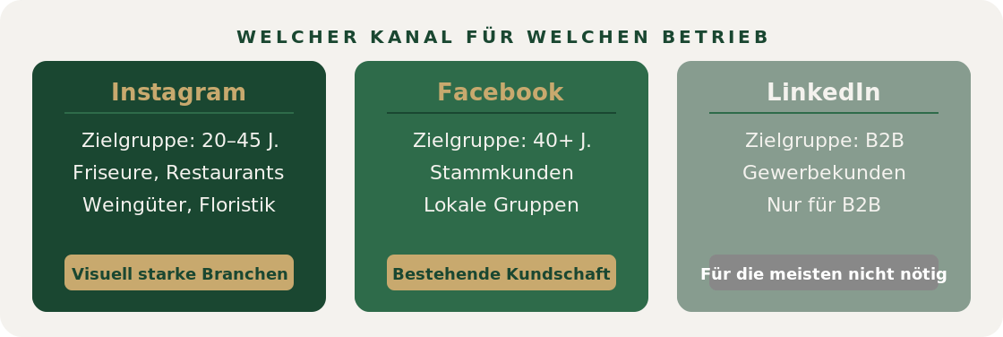 Vergleich Social-Media-Kanäle: Instagram für junge Zielgruppen, Facebook für Stammkunden, LinkedIn für B2B
