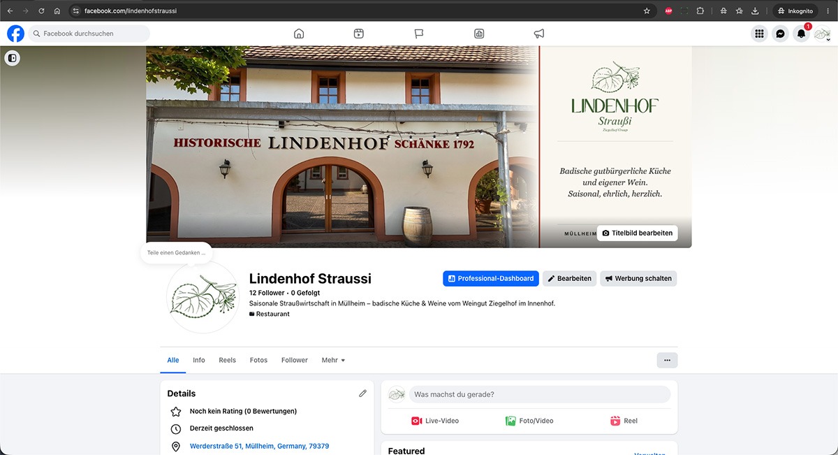 Facebook-Seite der Lindenhof Straußi in Müllheim — vollständig eingerichtet mit Profilbild, Titelbild und Kontaktdaten