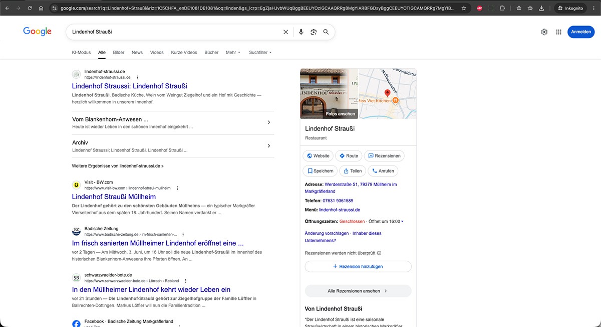 Google Business Profile der Lindenhof Straußi in Müllheim — sichtbar in Google Suche und Google Maps