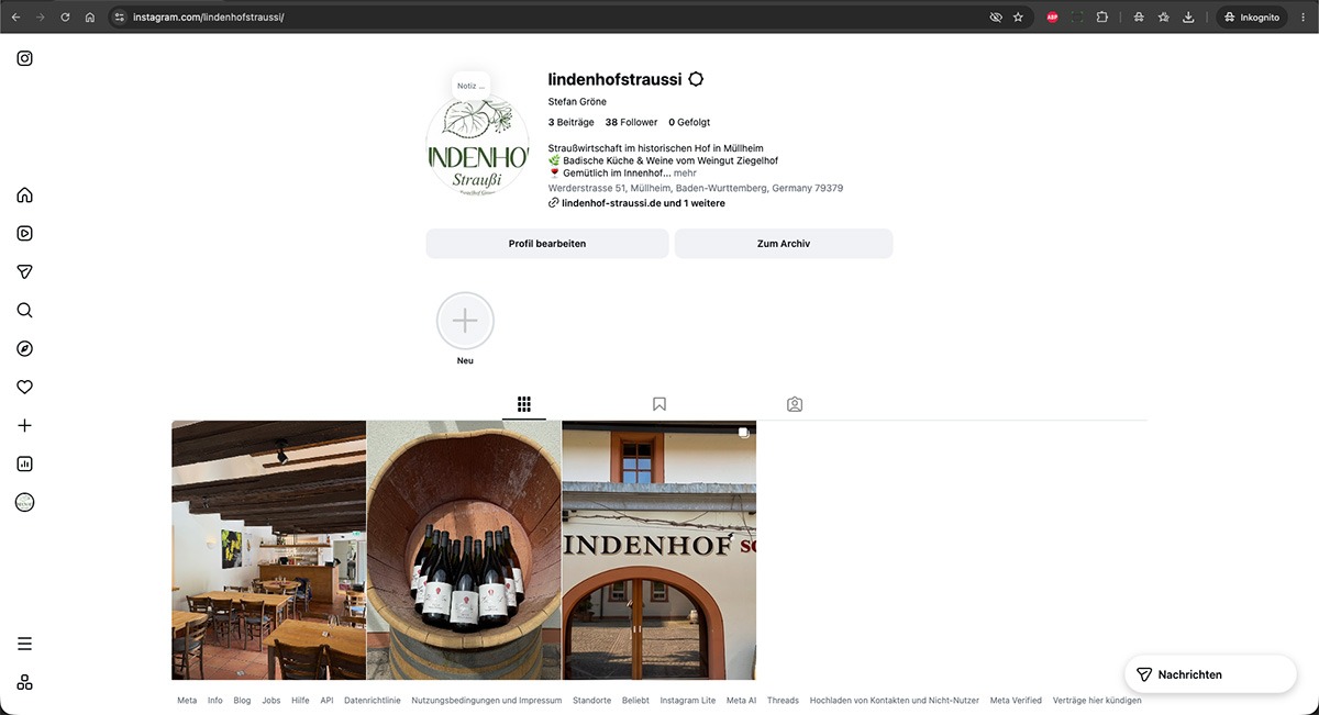 Instagram-Profil der Lindenhof Straußi in Müllheim — vollständig eingerichtet mit Bio, Kontaktdaten und Link zur Website