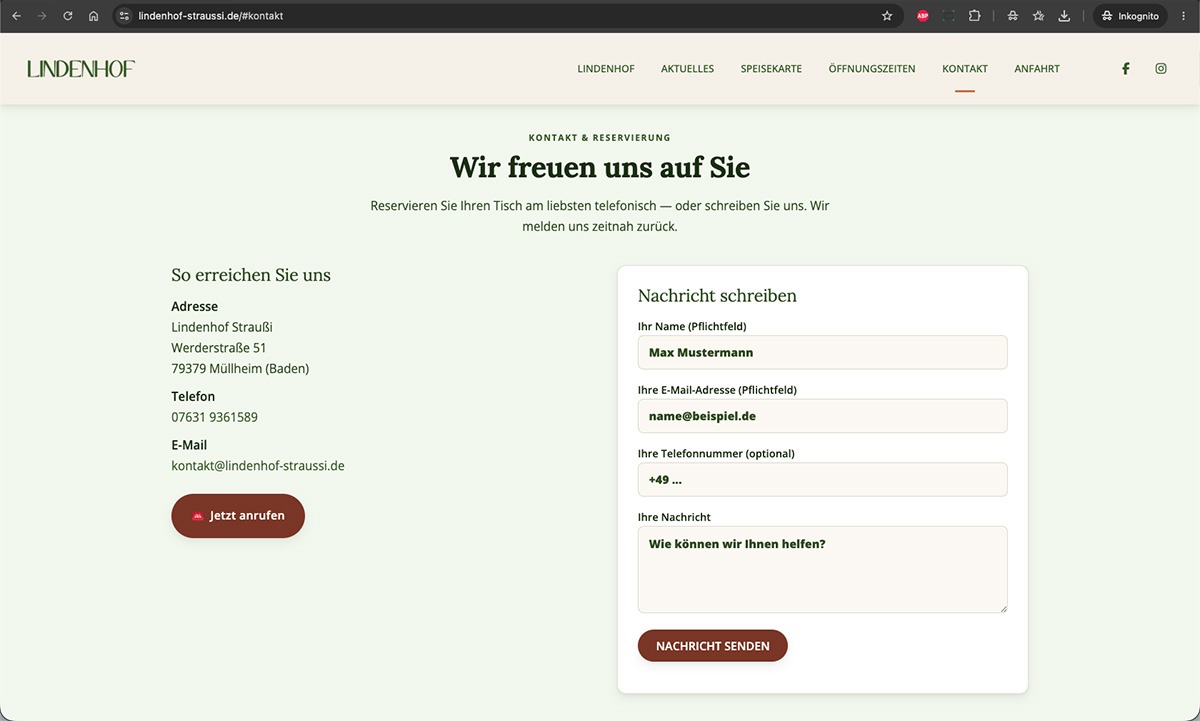 Kontaktformular der Lindenhof Straußi auf der Website — einfach, übersichtlich und DSGVO-konform