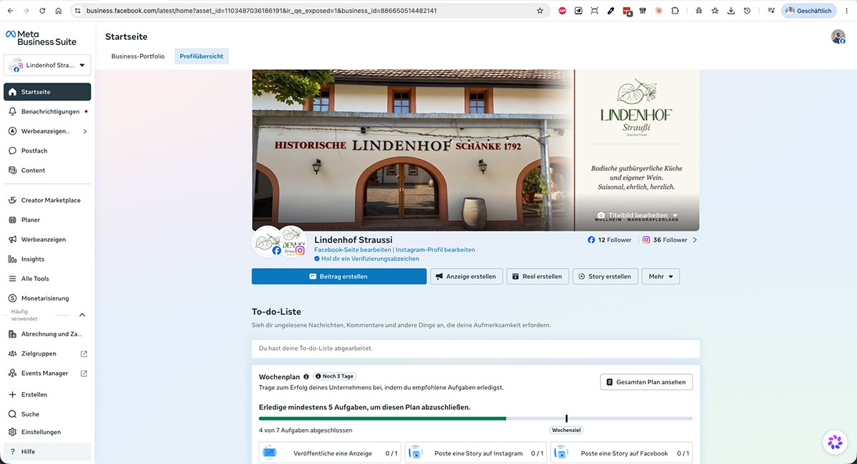 Meta Business Suite der Lindenhof Straußi — zentrale Verwaltung von Facebook und Instagram an einem Ort