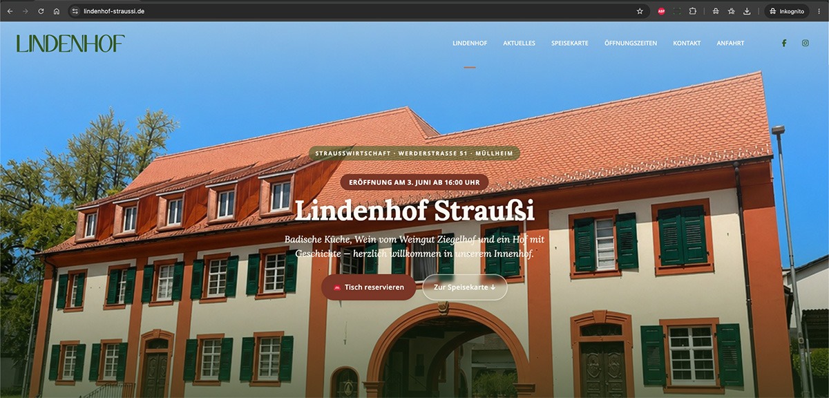 Website der Lindenhof Straußi in Müllheim — Startseite auf dem Desktop, aufgebaut von Gröne Online