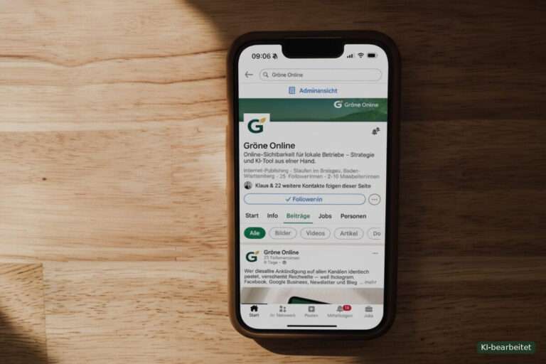 Smartphone mit geöffnetem LinkedIn-API-Screenshot der Gröne-Online-Unternehmensseite
