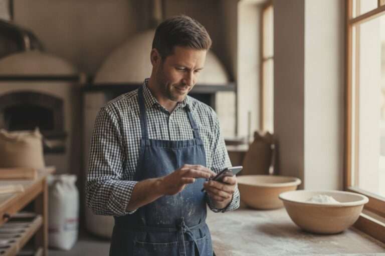 Smartphone liegt auf einem Holztisch, auf dem Display ist ein ausgefülltes Google Business Profil mit einem frisch veröffentlichten Beitrag zu sehen.
