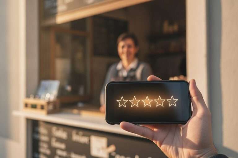Inhaber eines kleinen Betriebs zeigt einem Kunden an der Theke einen QR-Code für eine Google-Bewertung auf einem Aufsteller.