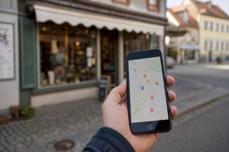 Betriebsinhaber schaut auf dem Smartphone die lokale Google-Suche seines Betriebs an